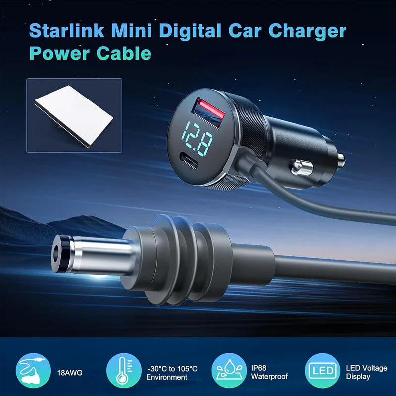 Digital Display Car Charger for Starlink Mini | PD 65W Fast Charge DC 12V-24V Car Power Cable, 18AWG