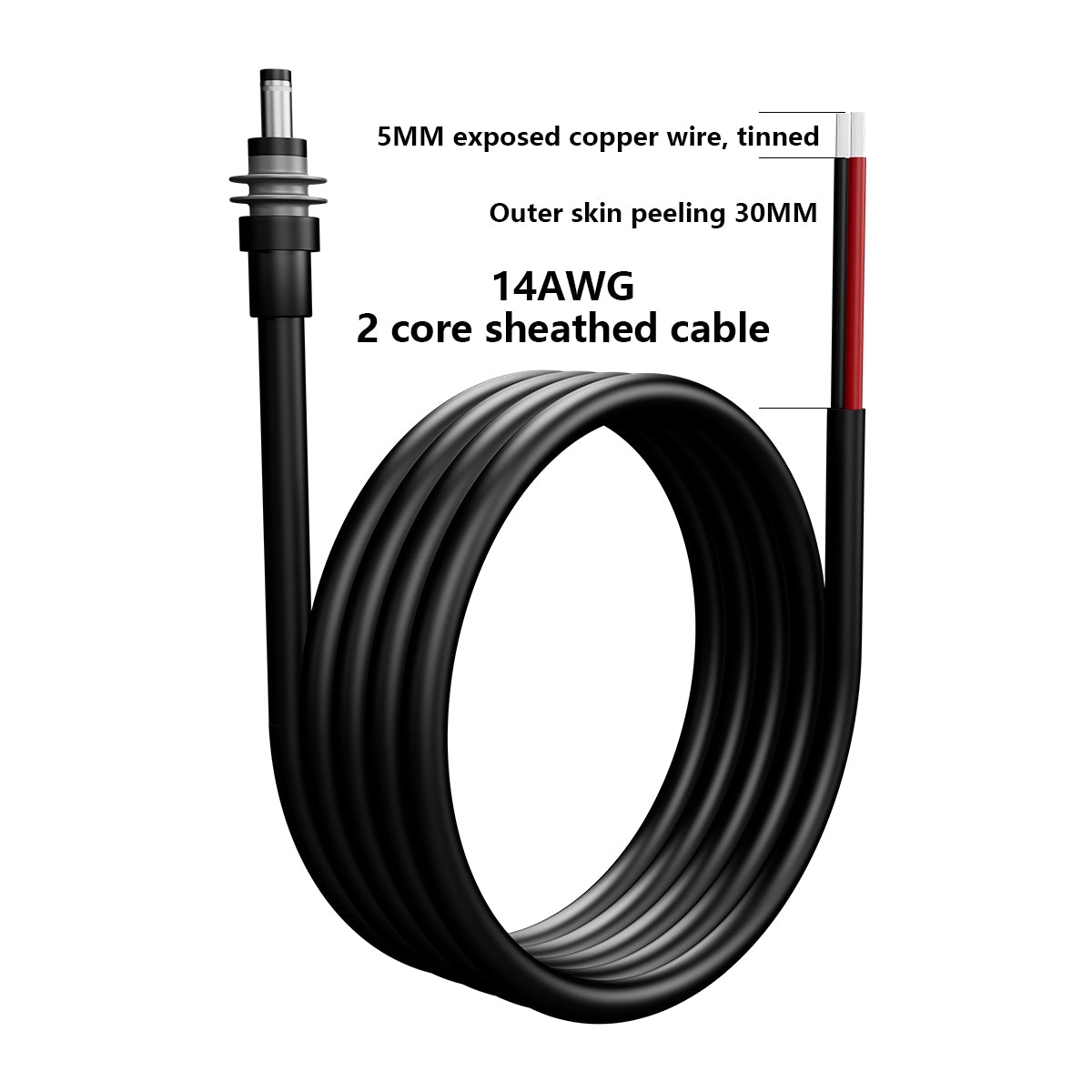 14AWG Red and Black Dual-Core Cable with 5MM Tinned Exposed Copper Wire