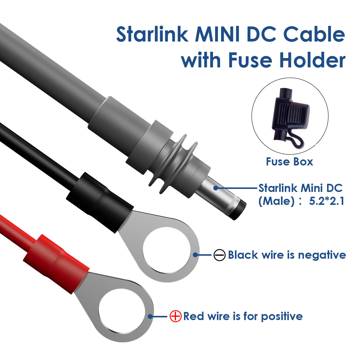 DC Power Cable with Ring Terminals and Fuse Holder