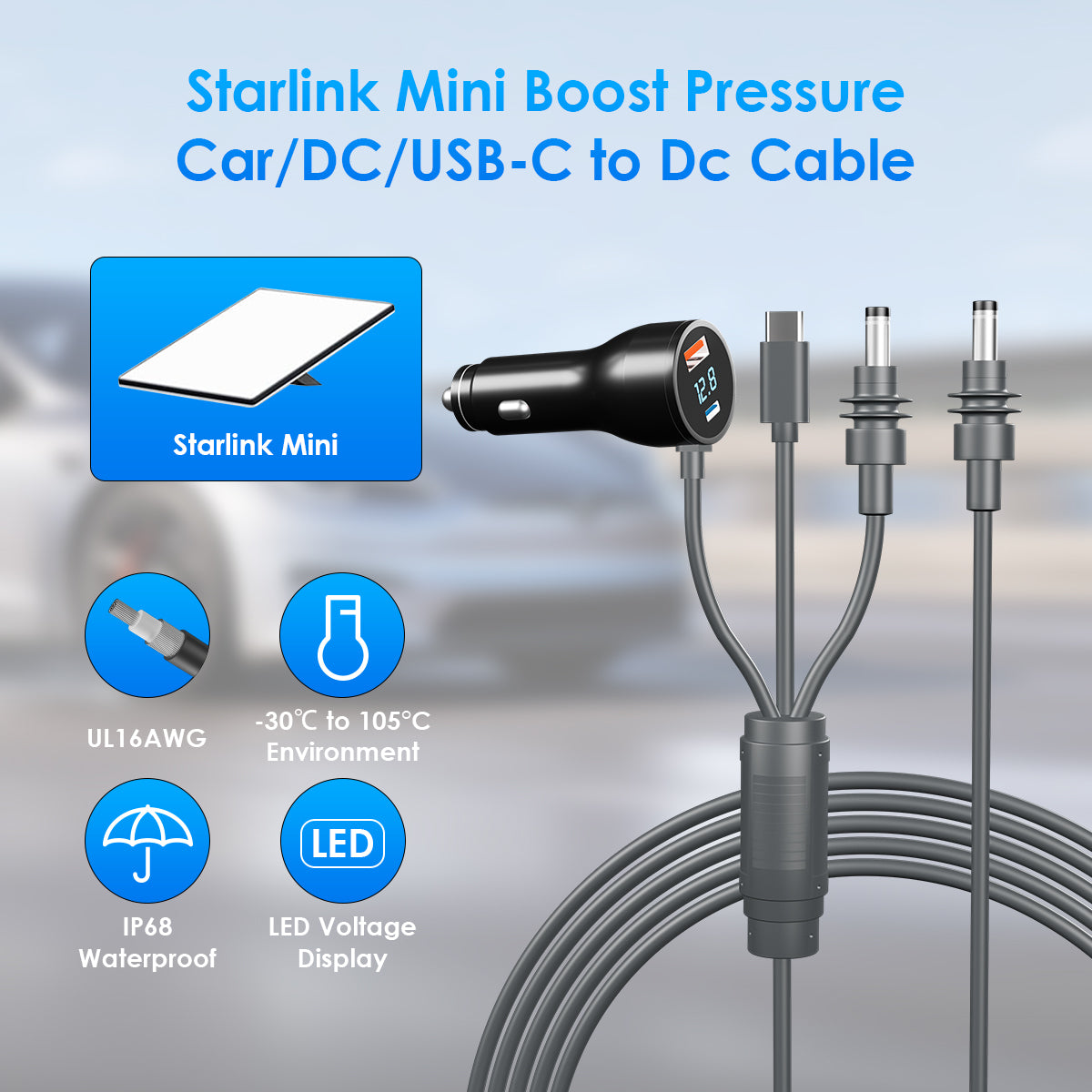 3 - in - 1 Starlink Mini Compatible Cable – Multi - Interface Car Charger with Voltage Display