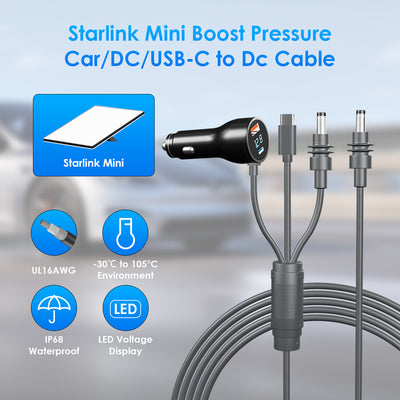 3 - in - 1 Starlink Mini Compatible Cable – Multi - Interface Car Charger with Voltage Display