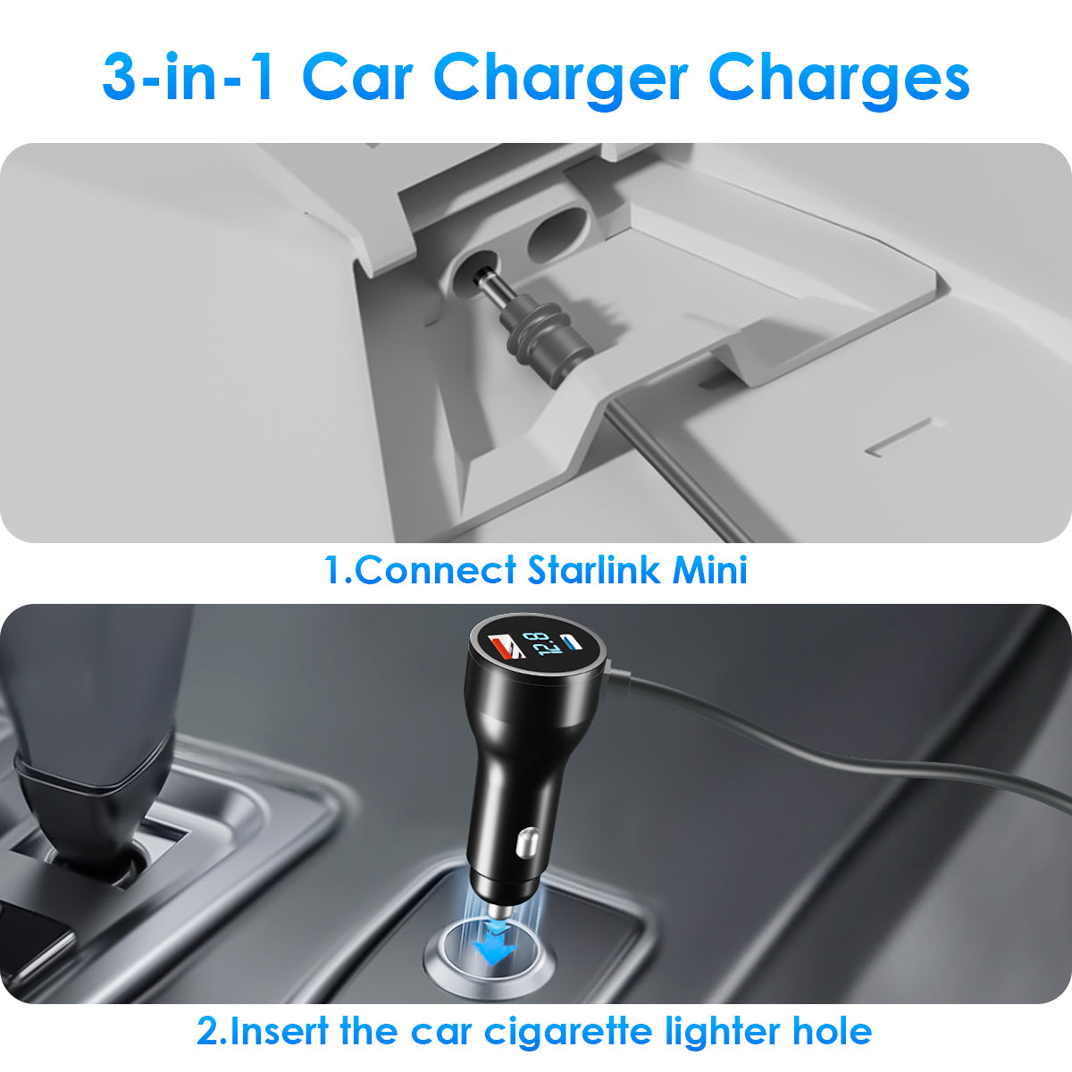 3-in-1 Starlink Mini DC Power Cable 65W Fast Charger Type-C USB Socket Cigarette Lighter With LED Voltmeter Digital Display OEM