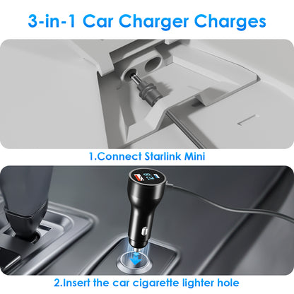 3-in-1 Starlink Mini DC Power Cable 65W Fast Charger Type-C USB Socket Cigarette Lighter With LED Voltmeter Digital Display OEM