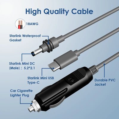For Starlink Mini 3-in-1 DC Power Cable | Waterproof Extension Cord with USB-C, Cigarette Lighter Plug, and DC Male