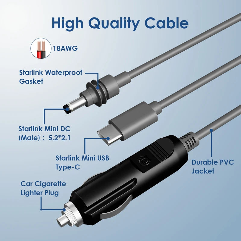 For Starlink Mini 3-in-1 DC Power Cable | Waterproof Extension Cord with USB-C, Cigarette Lighter Plug, and DC Male