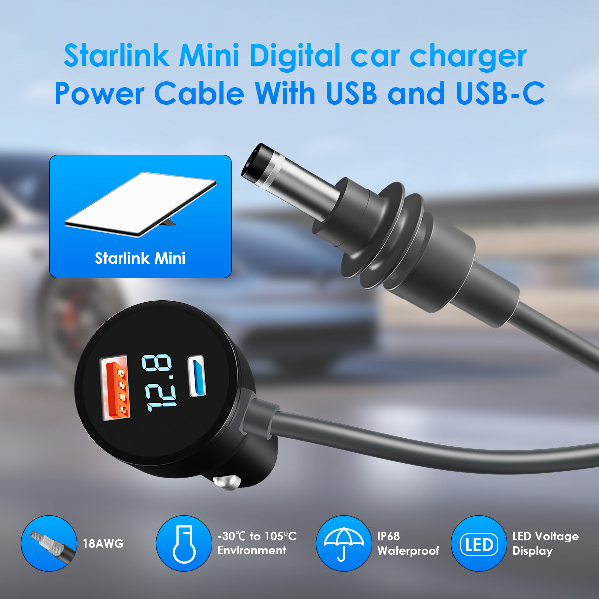 3-in-1 Starlink Mini DC Power Cable 65W Fast Charger Type-C USB Socket Cigarette Lighter With LED Voltmeter Digital Display OEM