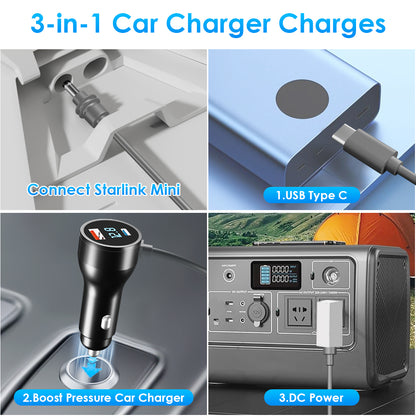 3 - in - 1 Starlink Mini Compatible Cable – Multi - Interface Car Charger with Voltage Display