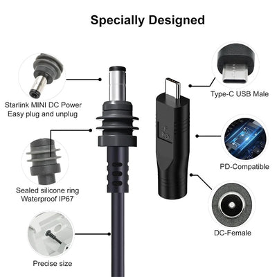 Starlink Mini Ethernet DC Power Cable with USB C to DC Adapter | Compatible with 100W PD 20V Power Supply | Charging Cord